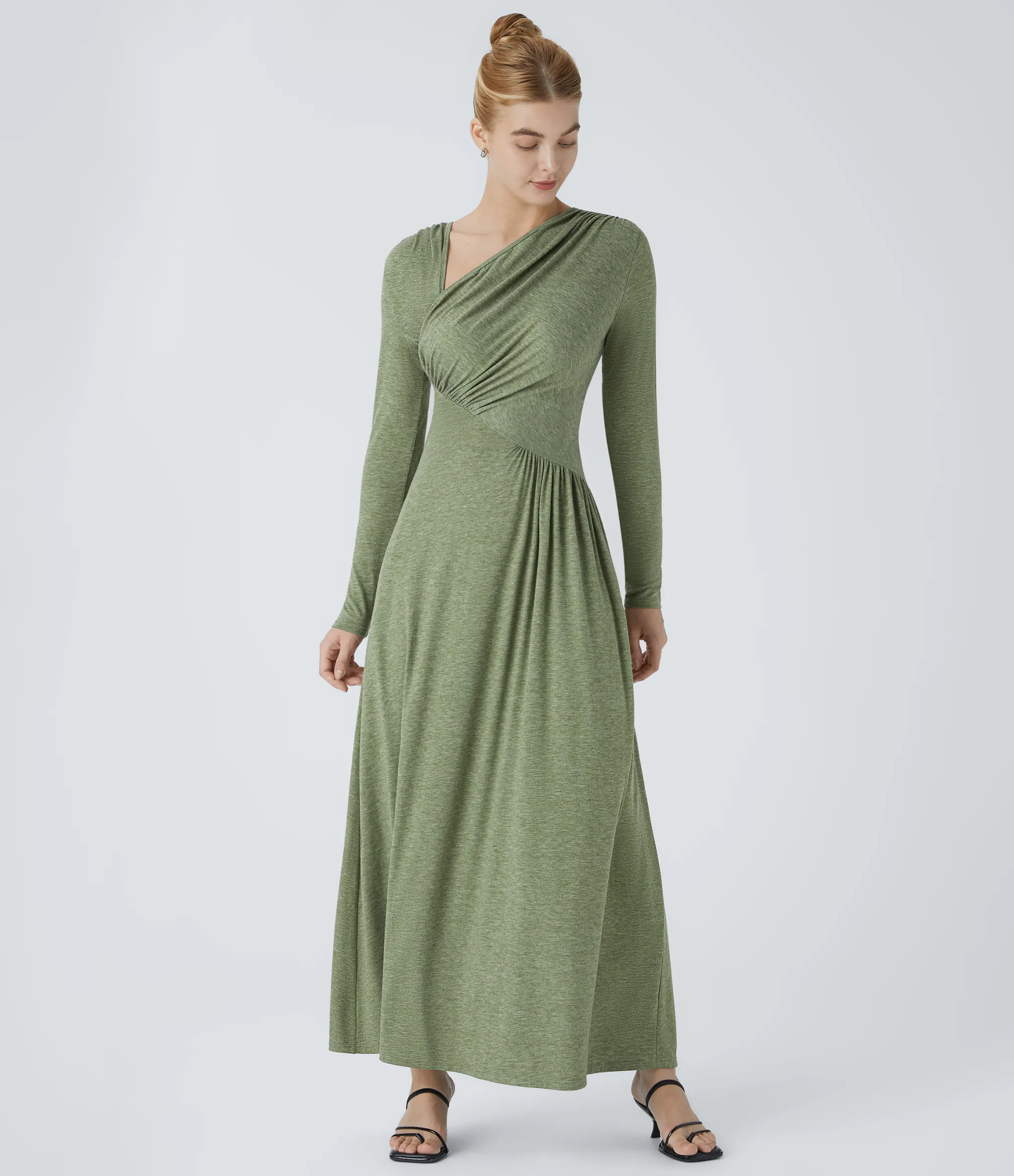 Dresses|Maxi & Midi Dresses<HALARA Asymmetric Neck Long Sleeve Pocket Flowy Maxi Casual Dress