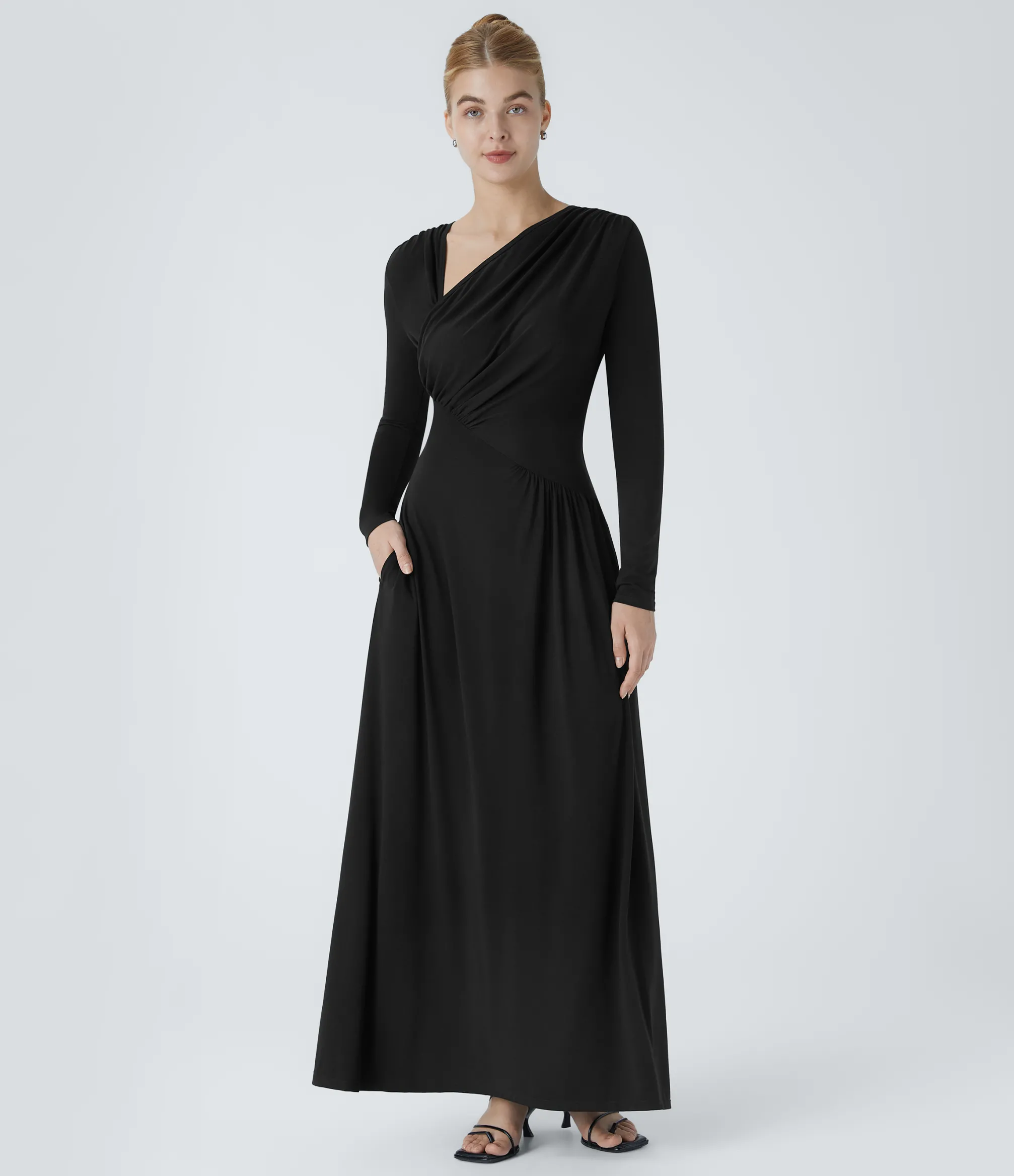 Dresses|Maxi & Midi Dresses<HALARA Asymmetric Neck Long Sleeve Pocket Flowy Maxi Casual Dress