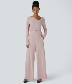 Jumpsuits<HALARA Asymmetric V Neck Long Sleeve Belted Pocket Wide Leg Work Jumpsuit