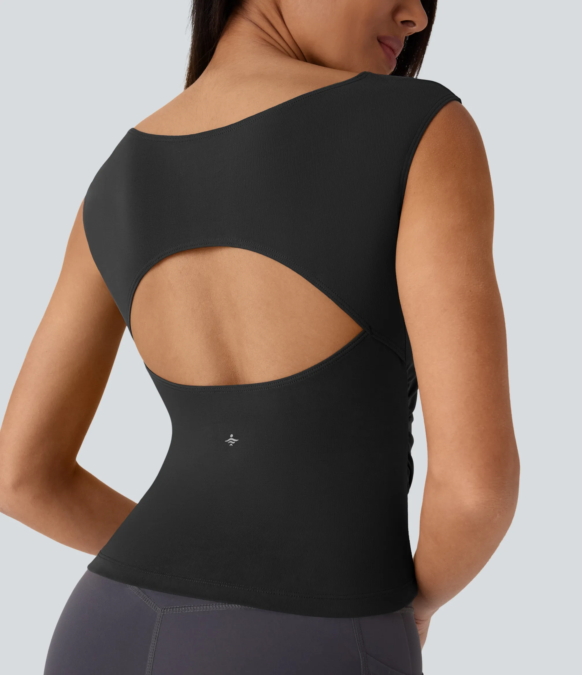 Sports Tops|Sports Tops<HALARA Boat Neck Cap Sleeve Cut Out Ruched Curved Hem Skinny Yoga Sports Top