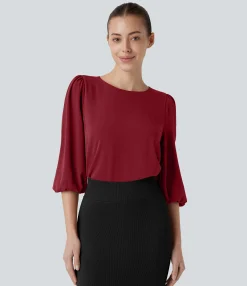 Work Tops|Shirts Blouses<HALARA Boat Neck Keyhole Back Bishop Sleeve Work Linen-Feel Blouse