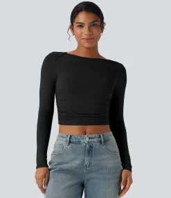 Casual Tops<HALARA Boat Neck Long Sleeve Ruched Cropped Casual Top