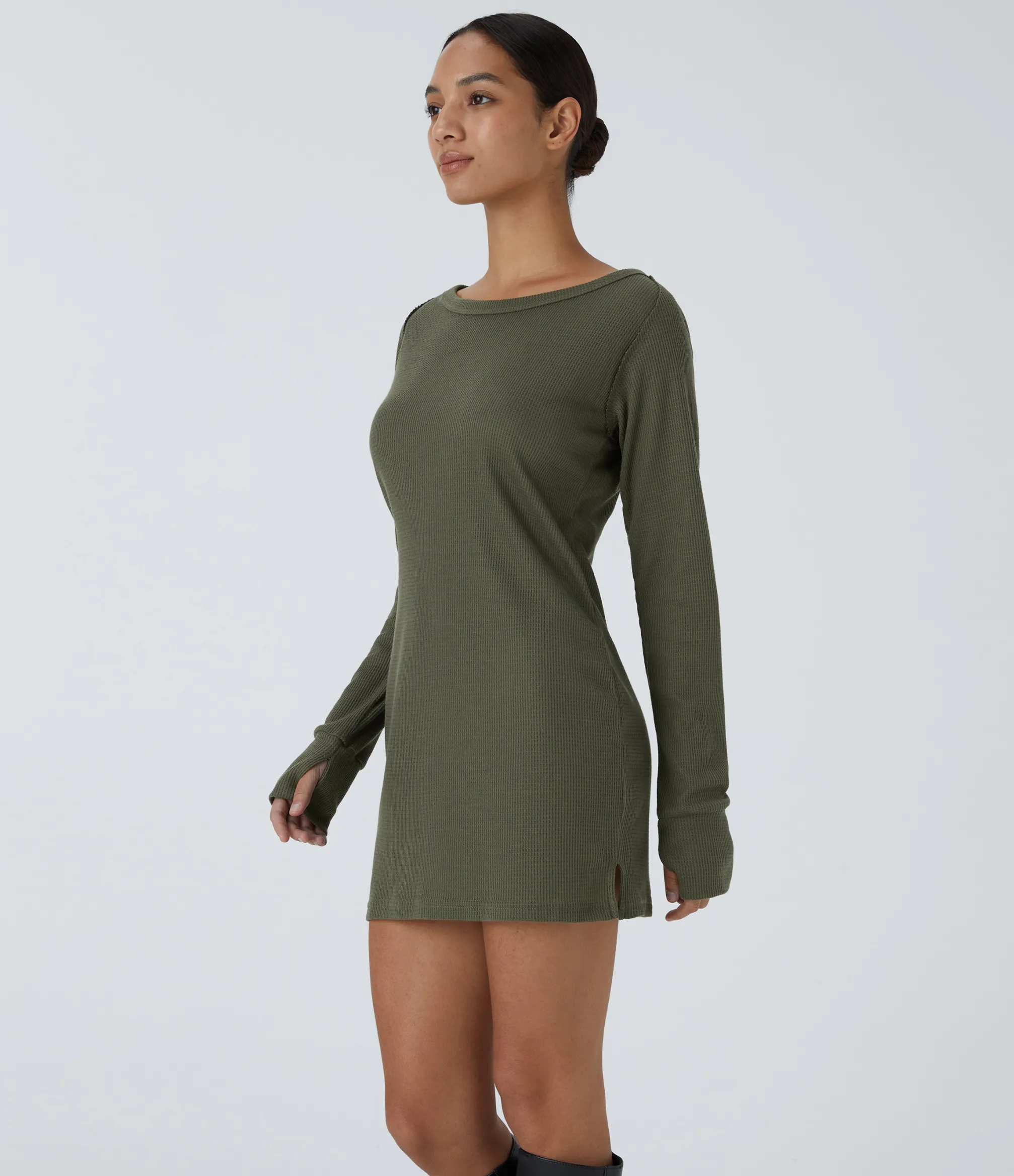 Sweatshirts & Hoodies<HALARA Boat Neck Raglan Sleeve Thumb Hole Hem Waffle Casual Sweatshirt Dress