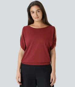 Casual Tops|T-Shirts<HALARA Boat Neck Short Sleeve Cut Out Casual T-Shirt