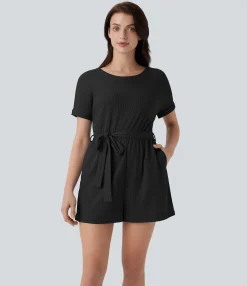 Jumpsuits<HALARA Boat Neck Short Sleeve Keyhole Back Cut Out Belted Pocket Waffle Casual Romper