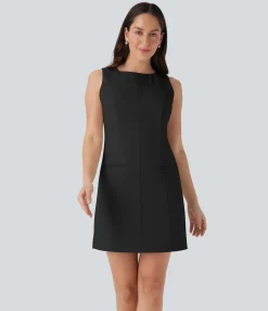 Dresses|Mini Dresses<HALARA Boat Neck Sleeveless Botton Mini Work Dress with Pockets