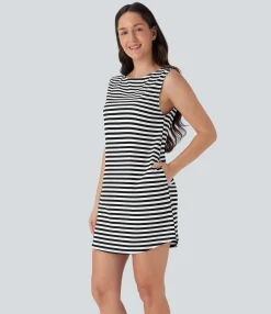 Dresses|Mini Dresses<HALARA Boat Neck Sleeveless Curved Hem Mini Stripe Waffle Casual Dress with Pockets