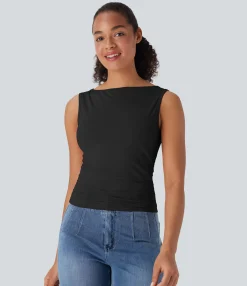 Casual Tops<HALARA Boat Neck Sleeveless Ruched Casual Top