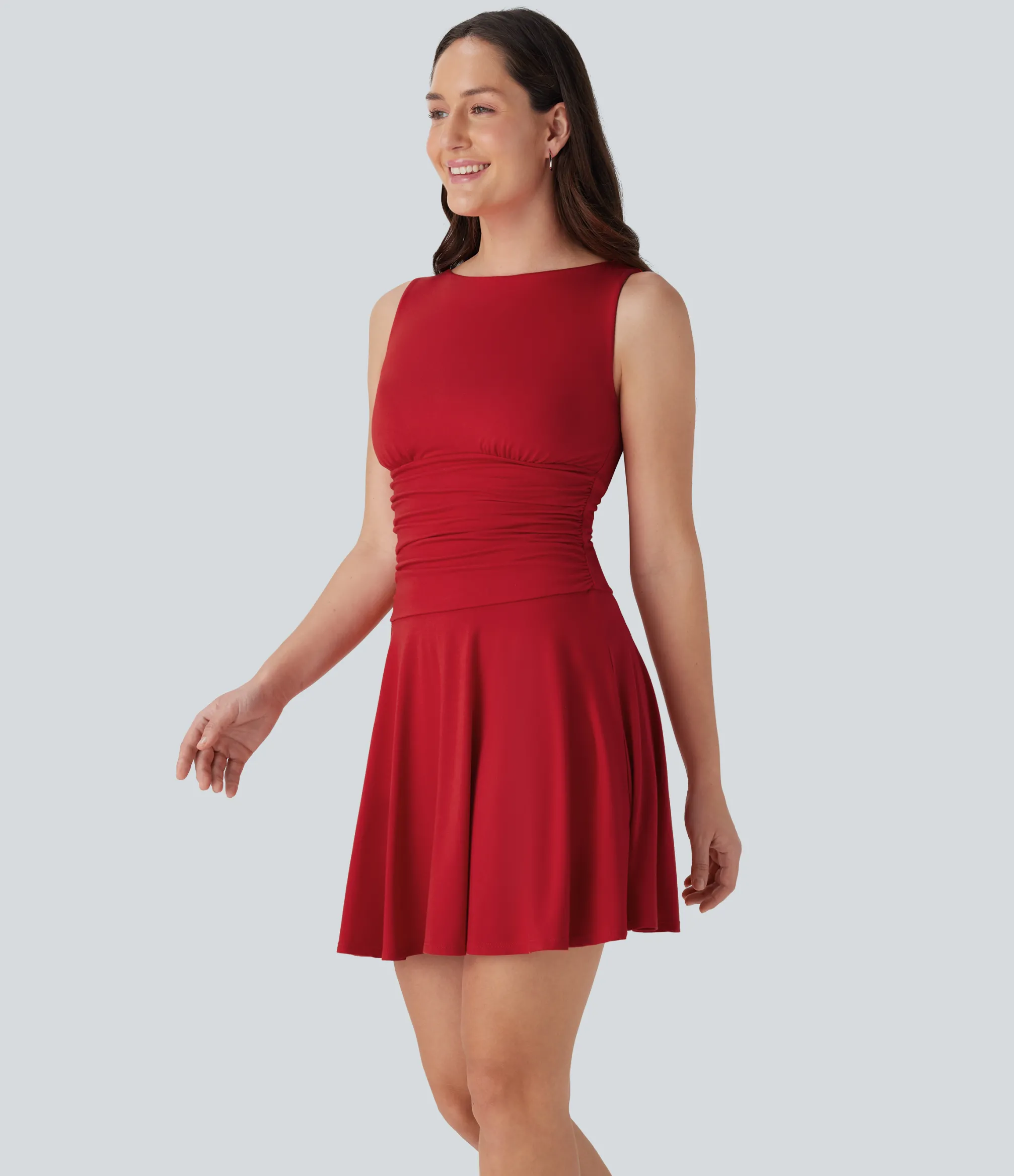 Mini Dresses|Dresses<HALARA Boat Neck Sleeveless Ruched Flowy Mini Casual Dress