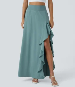 Maxi & Midi Skirts|Flowy Skirts<HALARA Breezeful™ High Waisted Asymmetric Ruffle Trim Hem 2-in-1 Maxi Quick Dry Casual Skirt