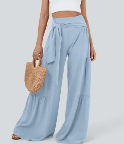 Flowy Pants|High-Waisted Pants<HALARA Breezeful™ High Waisted Shirred Tie Front & Back Wide Leg Flowy Quick Dry Casual Pants