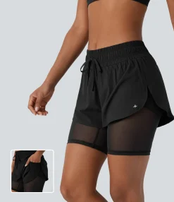 Active Shorts|Shorts<HALARA Breezeful™ Mid Rise Drawstring Contrast Mesh 2-in-1 Pocket Quick Dry Running Shorts