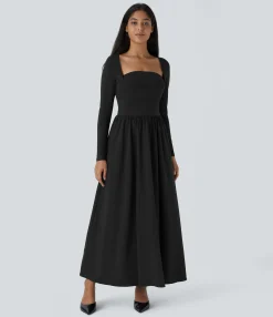 Dresses|Flowy Dresses<HALARA Breezeful™ Square Neck Long Sleeve Pocket Flowy Flare Maxi Quick Dry Casual Dress