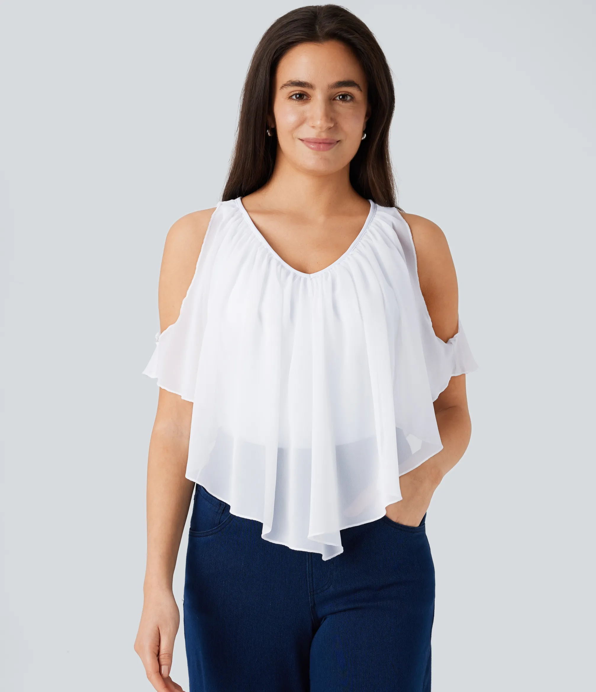 Casual Tops<HALARA Breezeful™ V Neck Cold Shoulder Contrast Chiffon Flowy Quick Dry Casual Top