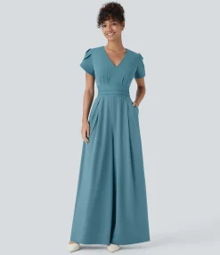 Jumpsuits<HALARA Breezeful™ V Neck Petal Sleeve Pocket Wide Leg Flowy Quick Dry Work Jumpsuit