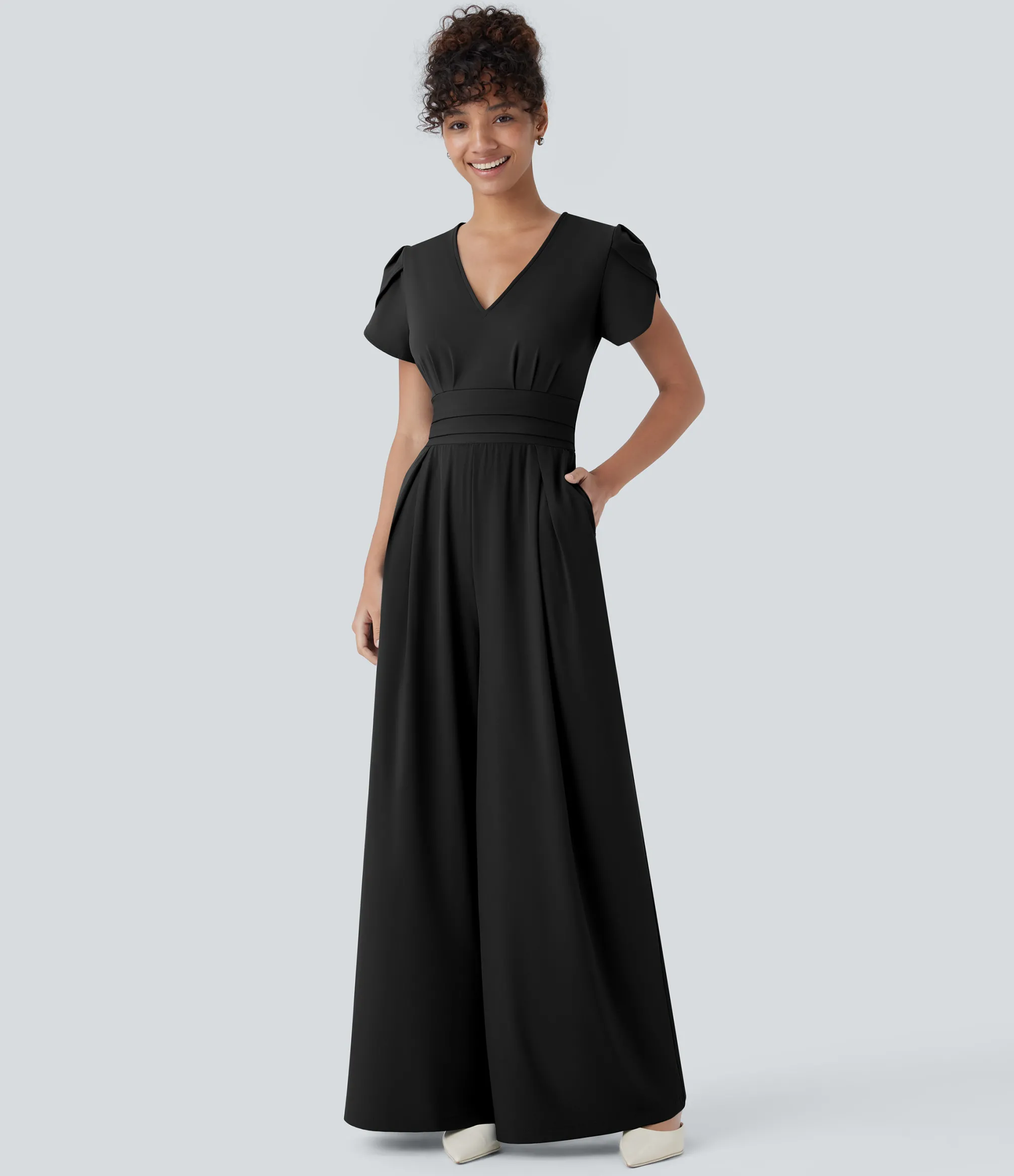 Jumpsuits<HALARA Breezeful™ V Neck Petal Sleeve Pocket Wide Leg Flowy Quick Dry Work Jumpsuit
