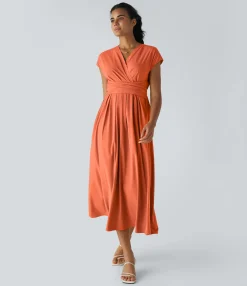 Flowy Dresses|Maxi & Midi Dresses<HALARA Breezeful™ V Neck Short Sleeve Pocket Tie Back Quick Dry Midi Casual Dress-Longer Length