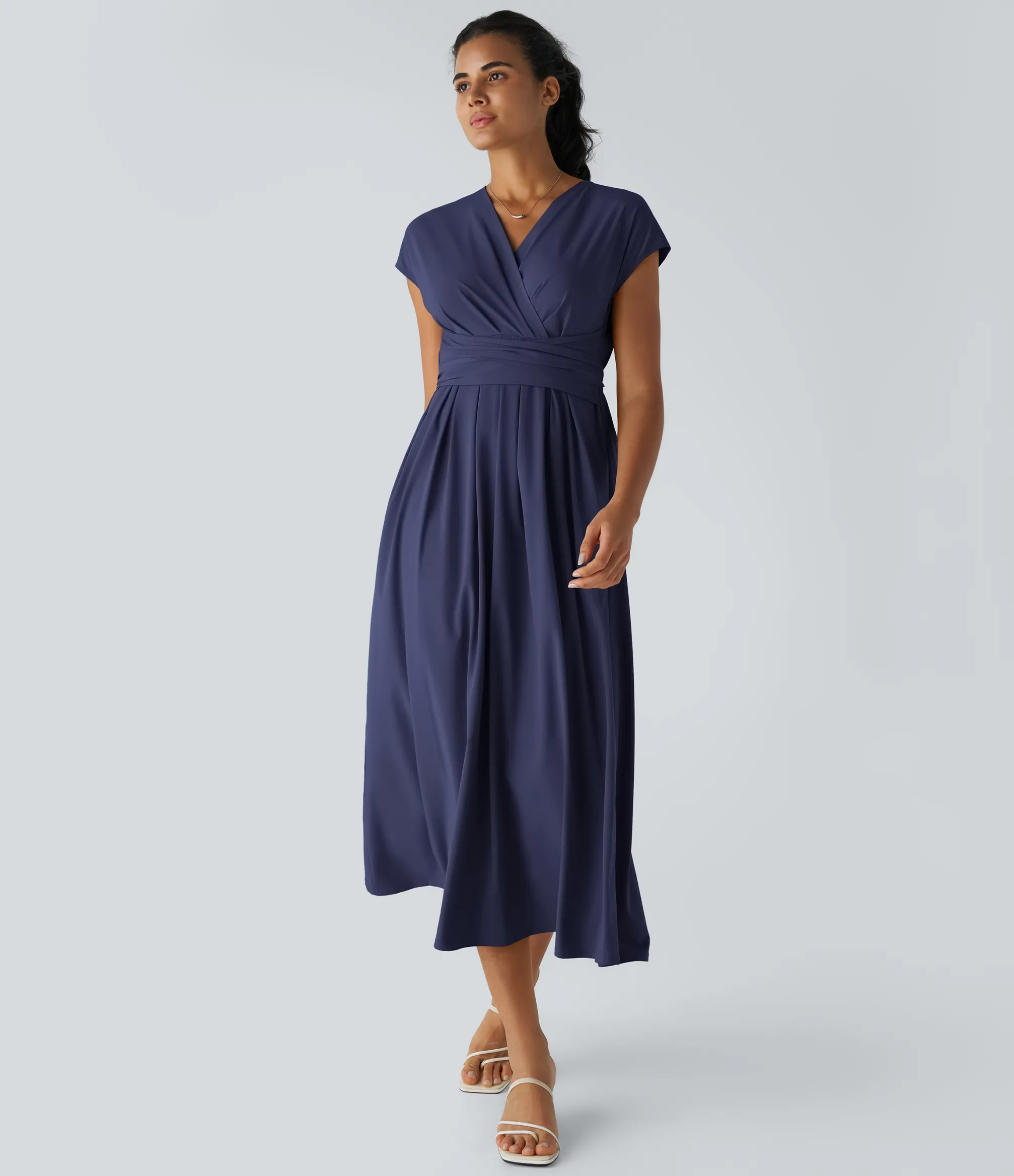 Flowy Dresses|Maxi & Midi Dresses<HALARA Breezeful™ V Neck Short Sleeve Pocket Tie Back Quick Dry Midi Casual Dress-Longer Length