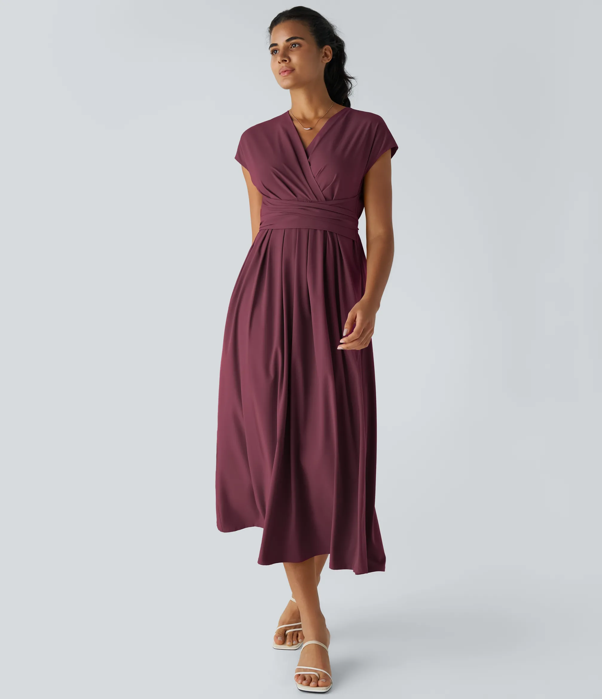 Flowy Dresses|Maxi & Midi Dresses<HALARA Breezeful™ V Neck Short Sleeve Pocket Tie Back Quick Dry Midi Casual Dress-Longer Length