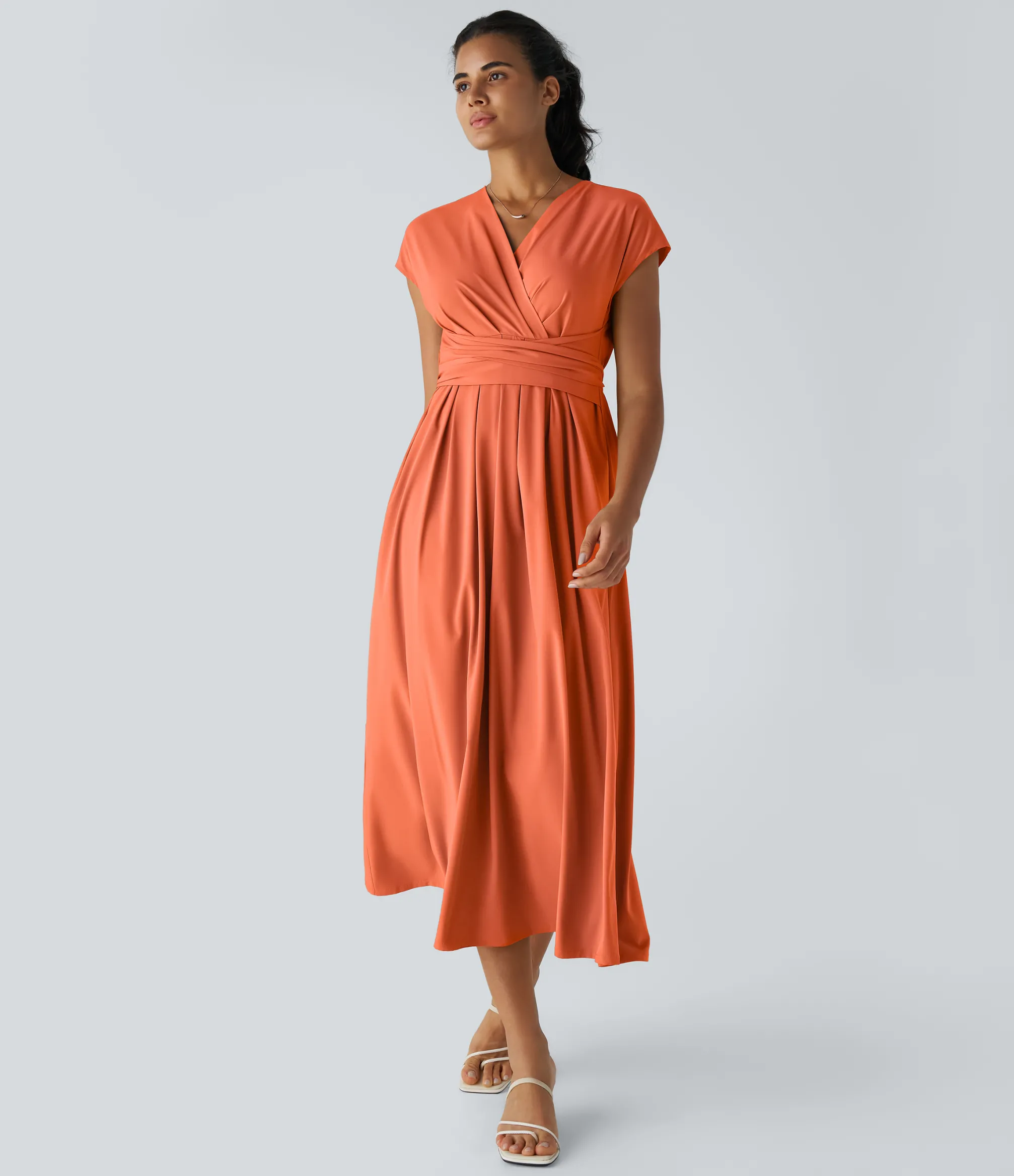Flowy Dresses|Maxi & Midi Dresses<HALARA Breezeful™ V Neck Short Sleeve Pocket Tie Back Quick Dry Midi Casual Dress-Longer Length
