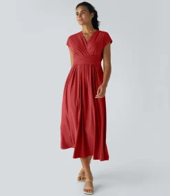 Flowy Dresses|Maxi & Midi Dresses<HALARA Breezeful™ V Neck Short Sleeve Pocket Tie Back Quick Dry Midi Casual Dress-Longer Length