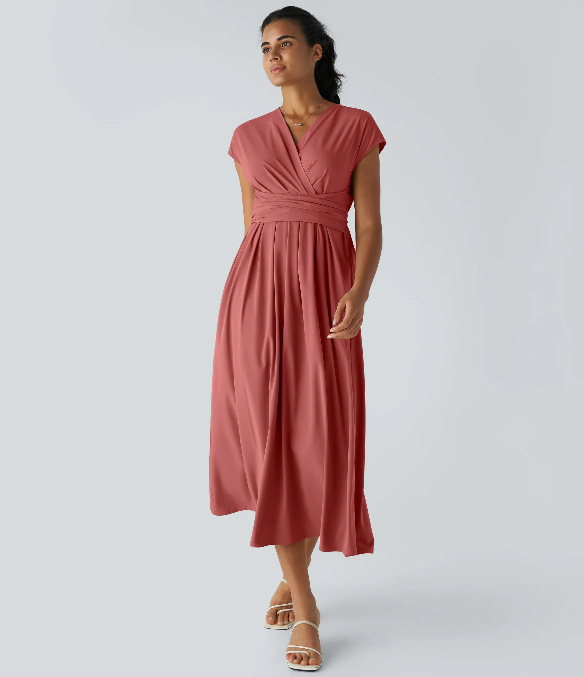 Flowy Dresses|Maxi & Midi Dresses<HALARA Breezeful™ V Neck Short Sleeve Pocket Tie Back Quick Dry Midi Casual Dress-Longer Length