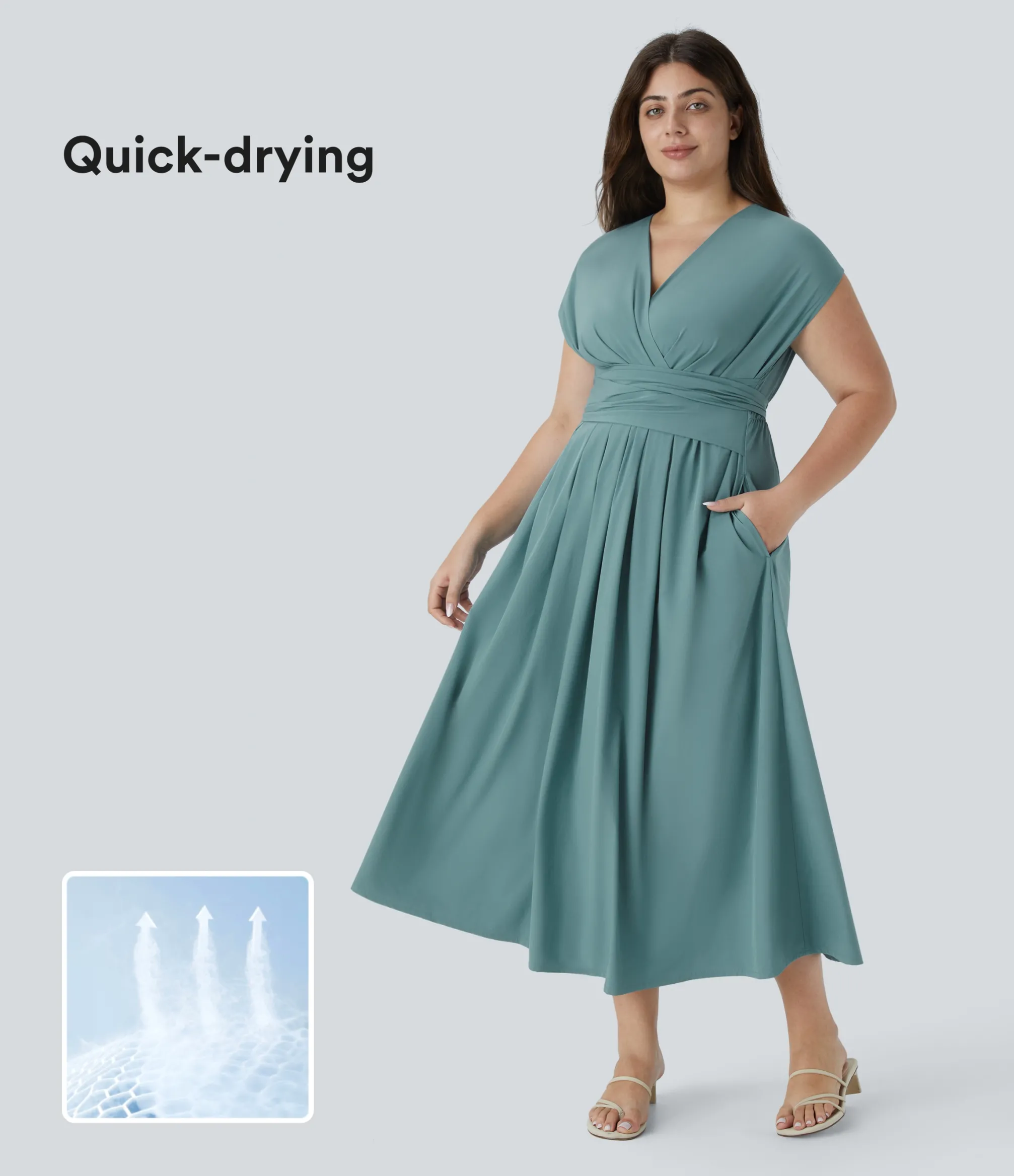 Flowy Dresses|Plus Size<HALARA Breezeful™ V Neck Short Sleeve Pocket Tie Back Quick Dry Midi Casual Plus Size Dress