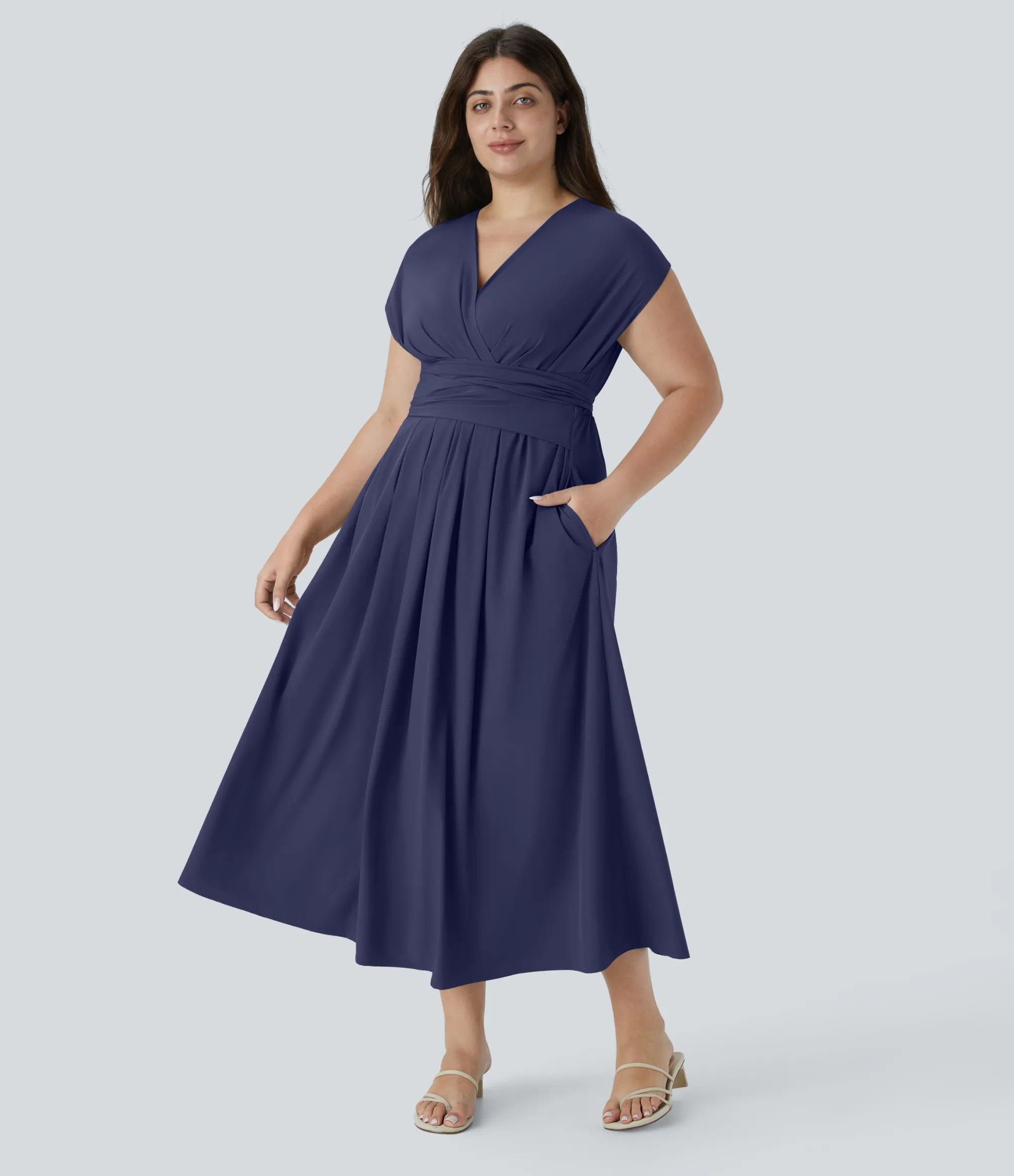 Flowy Dresses|Plus Size<HALARA Breezeful™ V Neck Short Sleeve Pocket Tie Back Quick Dry Midi Casual Plus Size Dress