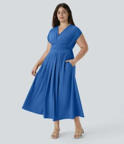 Flowy Dresses|Plus Size<HALARA Breezeful™ V Neck Short Sleeve Pocket Tie Back Quick Dry Midi Casual Plus Size Dress