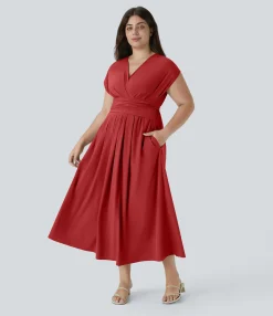 Flowy Dresses|Plus Size<HALARA Breezeful™ V Neck Short Sleeve Pocket Tie Back Quick Dry Midi Casual Plus Size Dress