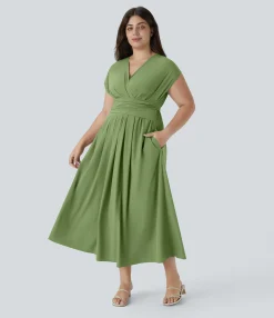 Flowy Dresses|Plus Size<HALARA Breezeful™ V Neck Short Sleeve Pocket Tie Back Quick Dry Midi Casual Plus Size Dress