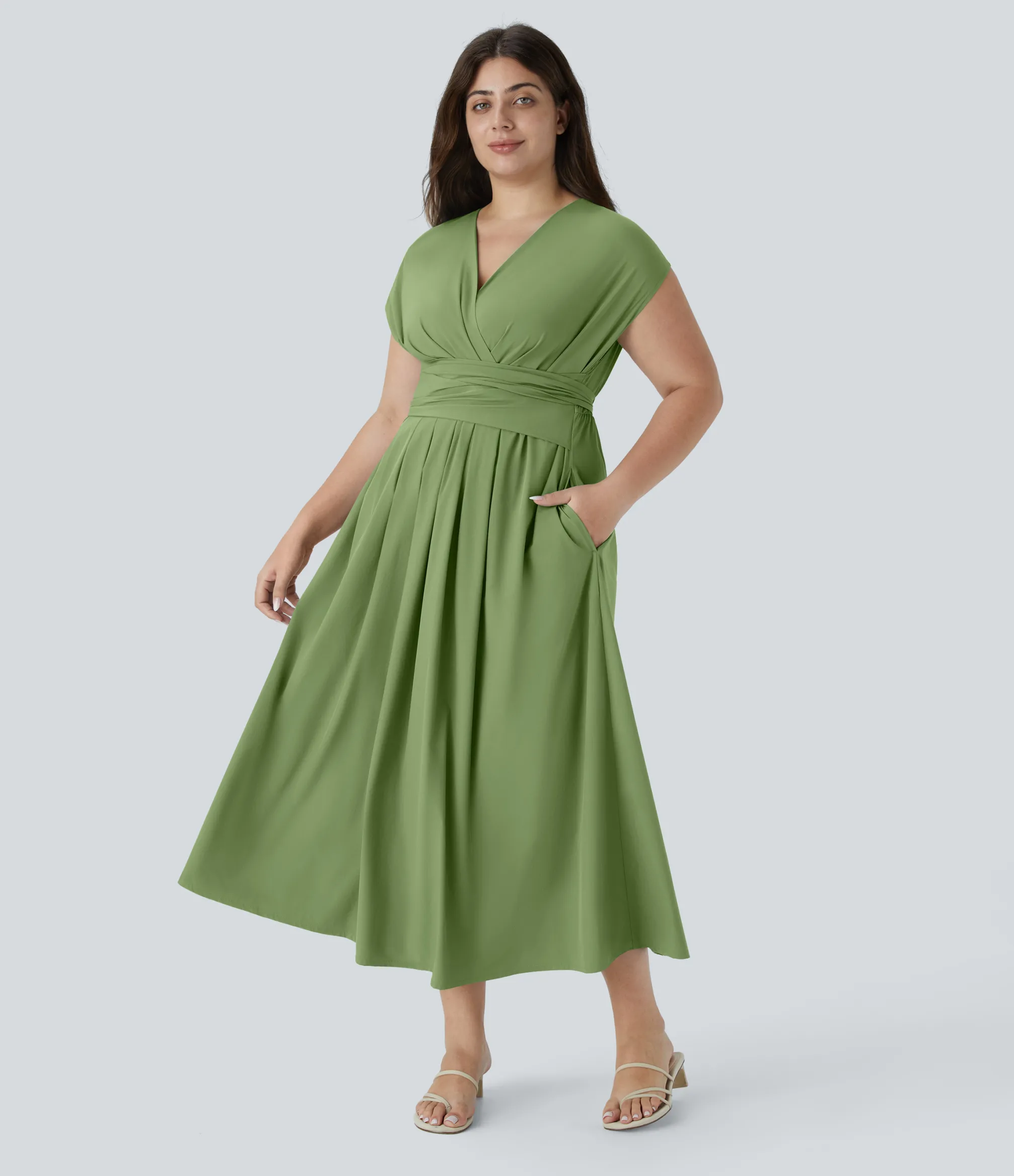 Flowy Dresses|Plus Size<HALARA Breezeful™ V Neck Short Sleeve Pocket Tie Back Quick Dry Midi Casual Plus Size Dress