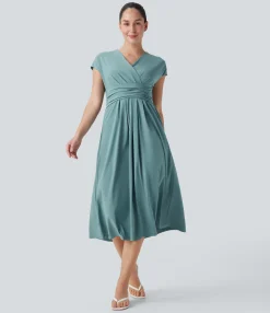 Flowy Dresses|Maxi & Midi Dresses<HALARA Breezeful™ V Neck Short Sleeve Pocket Tie Back Quick Dry Midi Casual Dress
