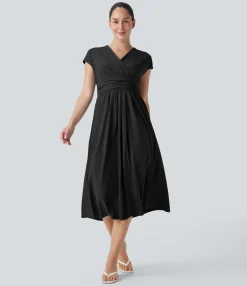 Flowy Dresses|Maxi & Midi Dresses<HALARA Breezeful™ V Neck Short Sleeve Pocket Tie Back Quick Dry Midi Casual Dress