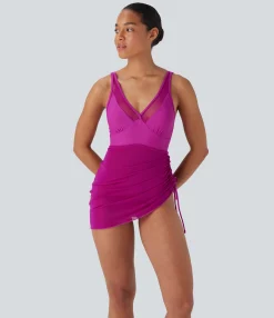 Beachwear<HALARA Contrast Mesh Drawstring One Piece Swimsuit