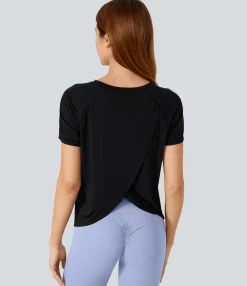 Yoga Tops|Sports Tops<HALARA Contrast Mesh Hem Short Sleeve Cool Touch Yoga Sports Top-UPF50+