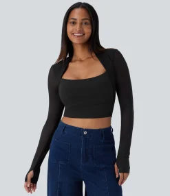 Casual Tops<HALARA Contrast Mesh Long Sleeve Thumb Hole 2-in-1 Skinny Cropped Casual Top
