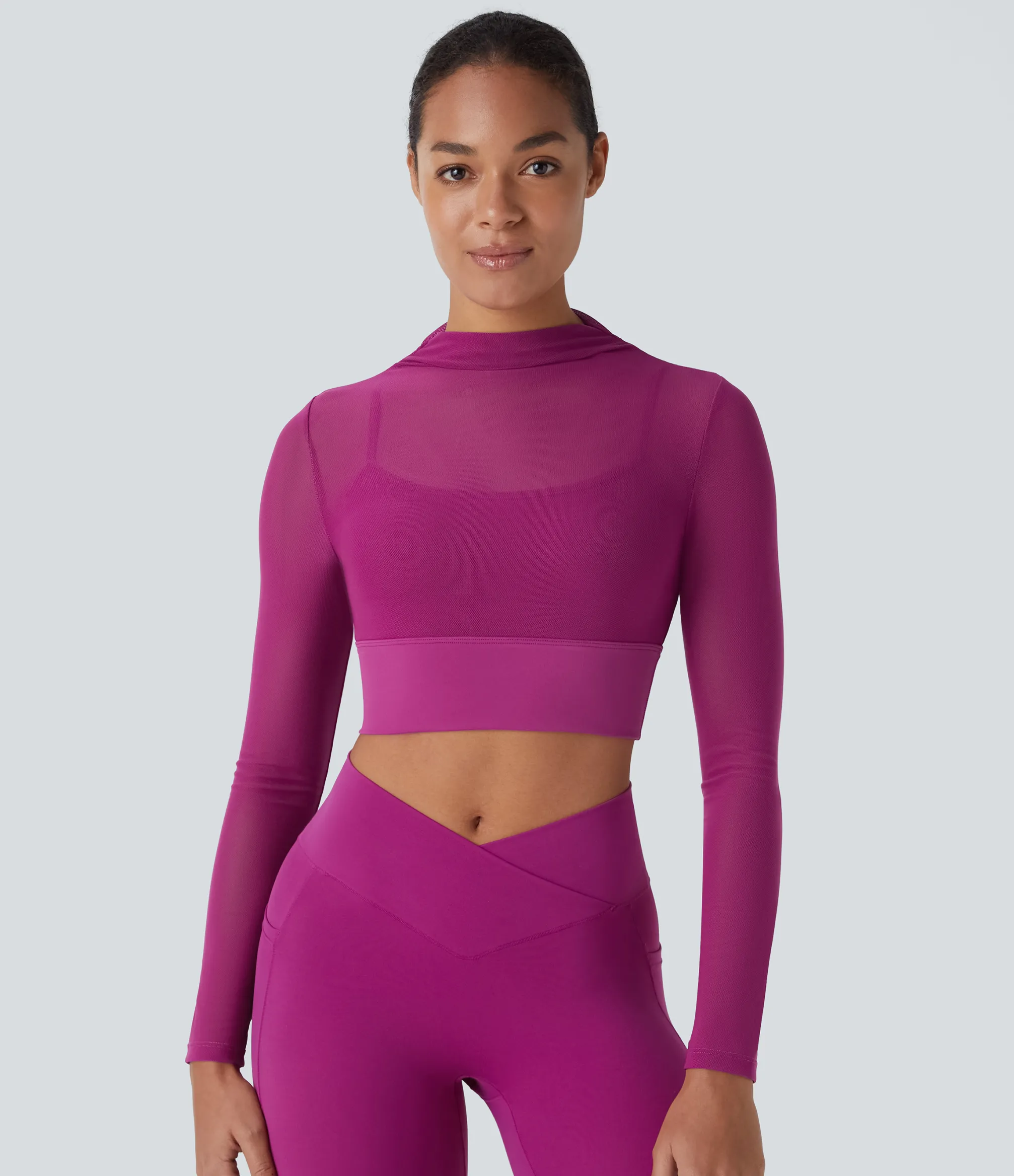 Yoga Tops|Sports Tops<HALARA Contrast Mesh Long Sleeve 2-in-1 Cropped Yoga Sports Top