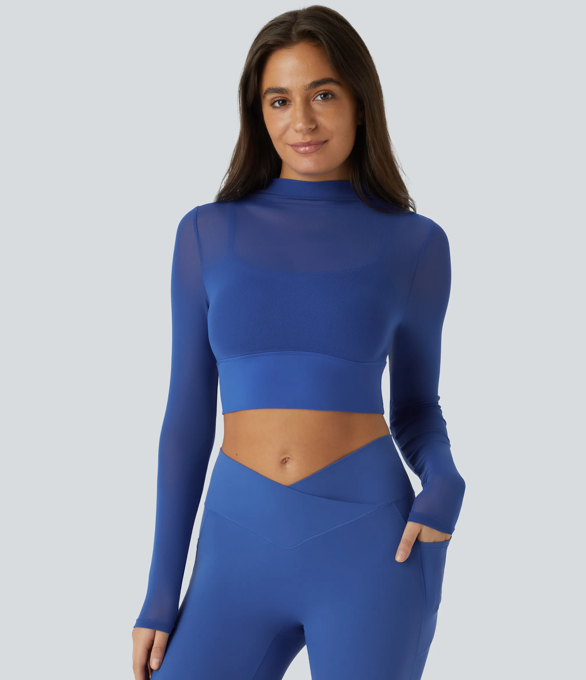 Yoga Tops|Sports Tops<HALARA Contrast Mesh Long Sleeve 2-in-1 Cropped Yoga Sports Top