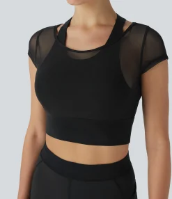 Yoga Tops|Sports Tops<HALARA Contrast Mesh Racerback 2-in-1 Cropped Yoga Sports Top