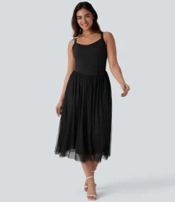 Dresses|Maxi & Midi Dresses<HALARA Corset Contrast Mesh Midi Dress