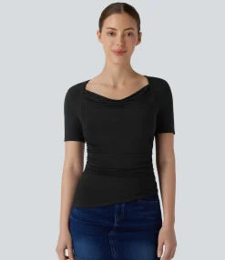 Casual Tops<HALARA Cowl Neck Ruched Asymmetric Hem Slim Casual Top