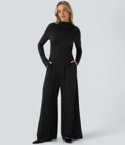Jumpsuits<HALARA Cowl Neck Ruched Long Sleeve Pocket Wide Leg Casual Jumpsuit