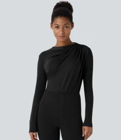 Work Tops<HALARA Cowl Neck Ruched Long Sleeve Slim Work Top