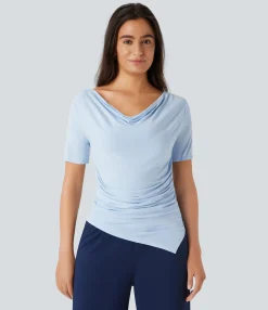 Work Tops<HALARA Cowl Neck Short Sleeve Ruched Asymmetric Hem Work Top