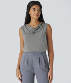 Work Tops|Shirts Blouses<HALARA Cowl Neck Sleeveless Work Blouse