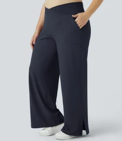 Plus Size<HALARA Crossover Pocket Hem Plus Size Wide Leg Yoga Pants-Smile