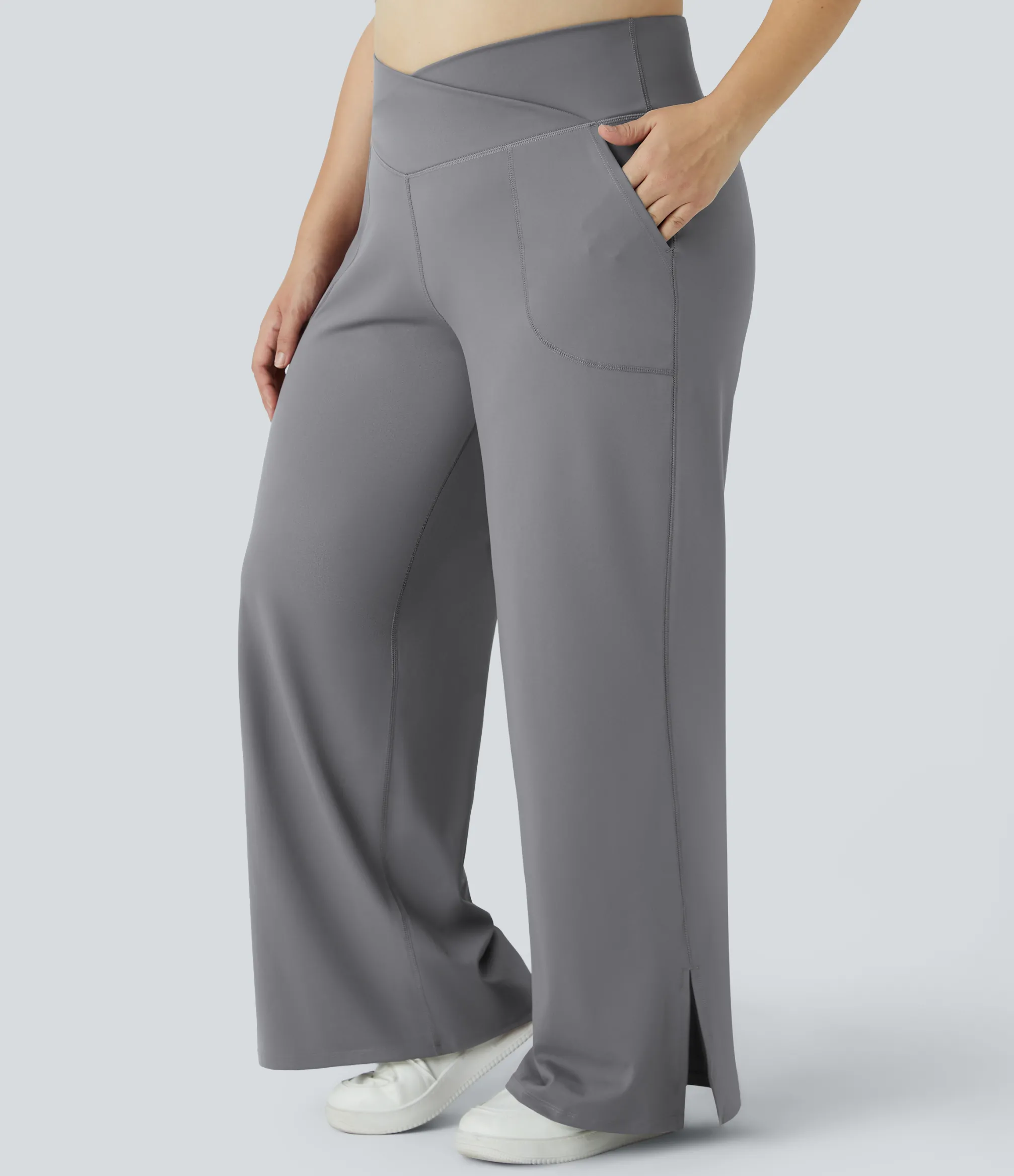 Plus Size<HALARA Crossover Pocket Hem Plus Size Wide Leg Yoga Pants-Smile
