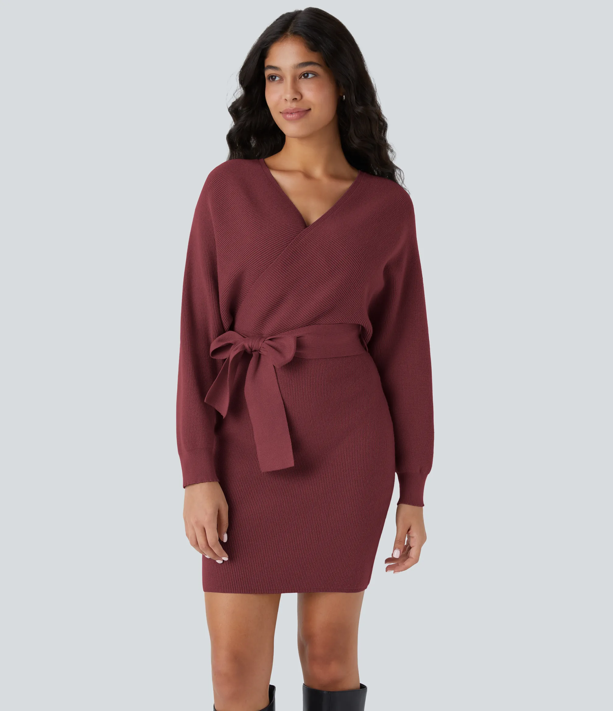 Mini Dresses|Sweaters<HALARA Crossover V Neck Batwing Long Sleeve Belted Mini Casual Sweater Dress