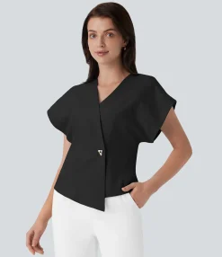 Work Tops<HALARA Crossover V Neck Batwing Sleeve Snap Work Top